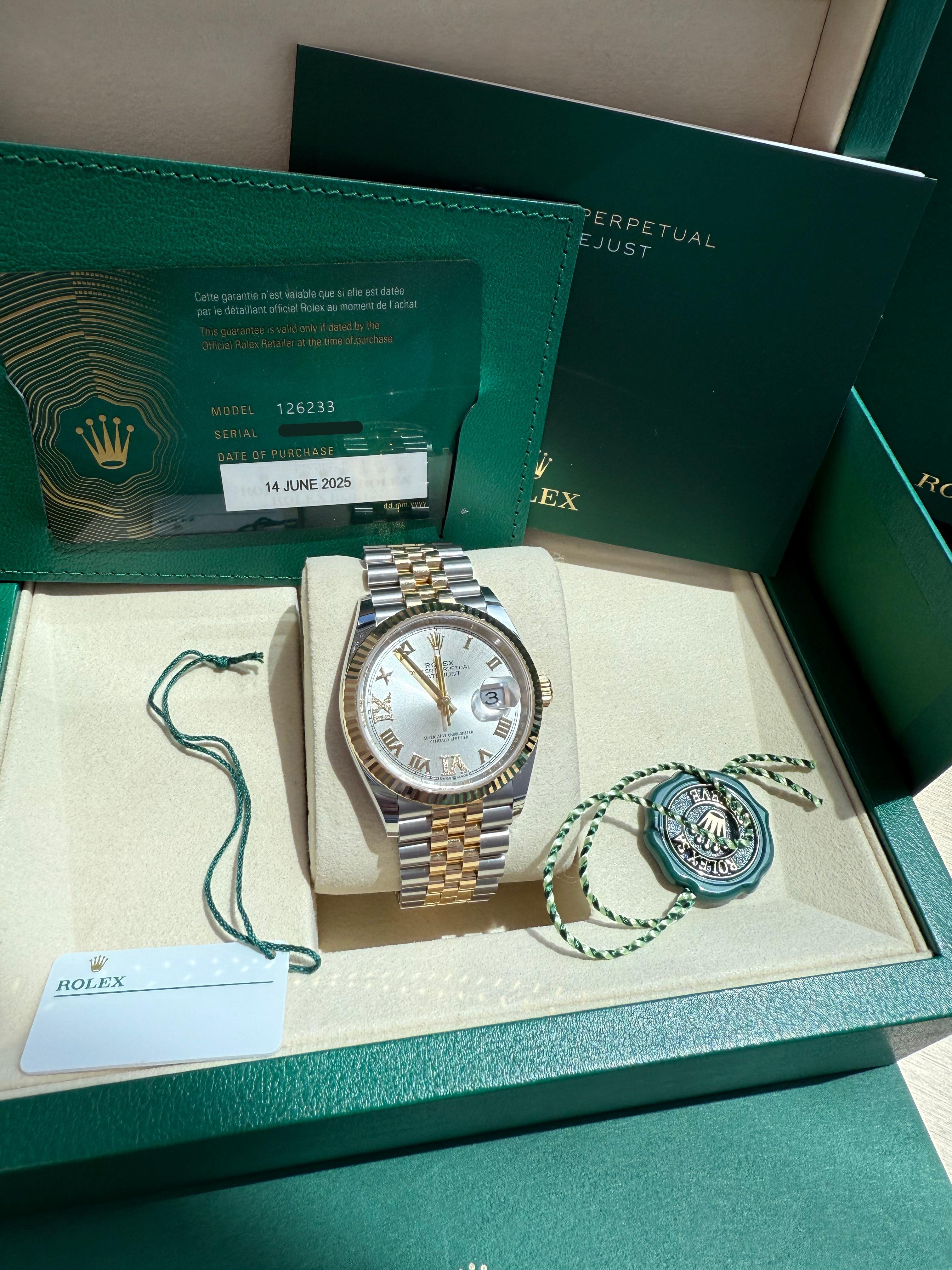 Rolex Datejust 36 Silver Roman 6-9 Diamond Dial Gold Steel Jubilee Watch 126233 For Sale 2