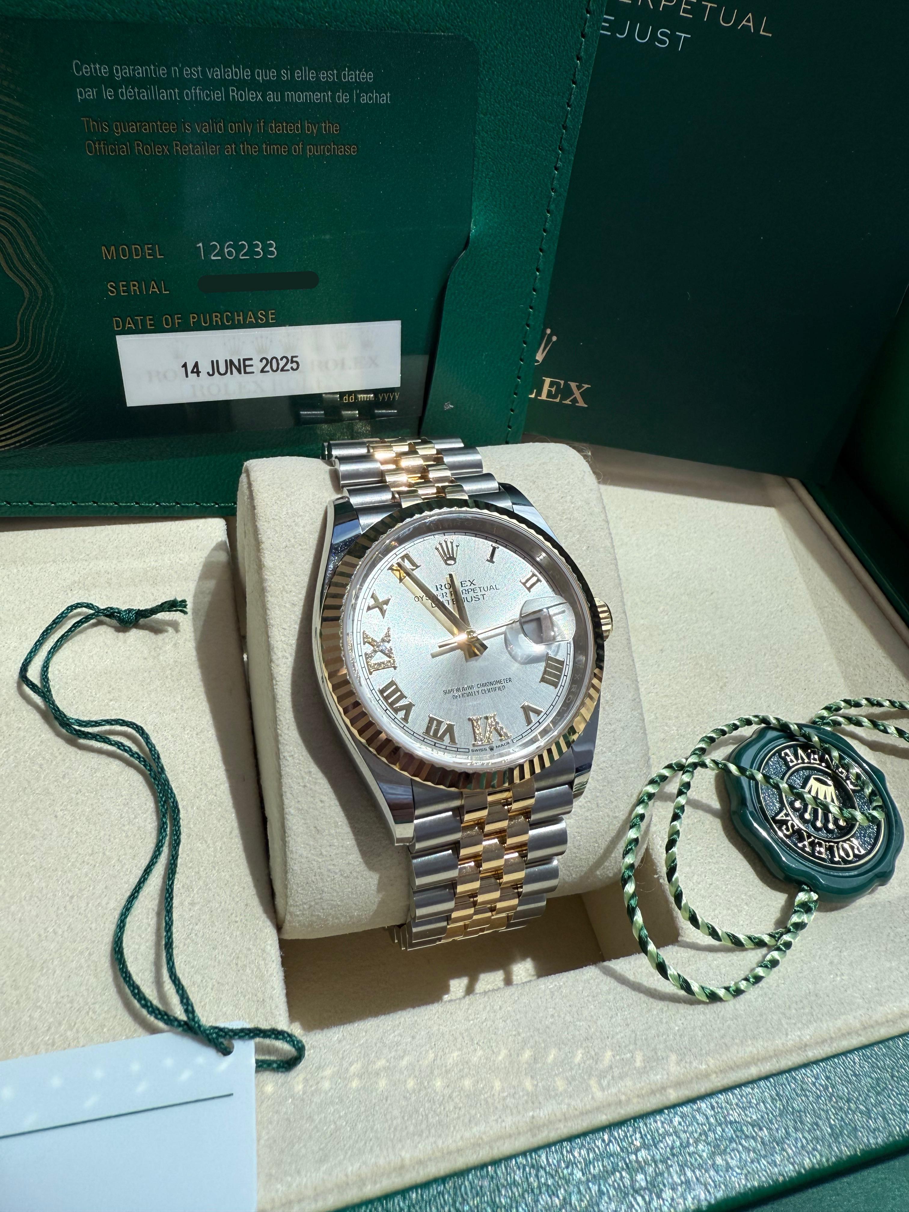 Rolex Datejust 36 Silver Roman 6-9 Diamond Dial Gold Steel Jubilee Watch 126233 For Sale 3