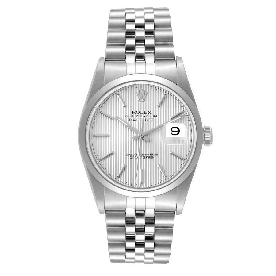 Rolex Datejust 36 Silver Tapestry Dial Smooth Bezel Steel Mens Watch 16200. Officially certified chronometer self-winding movement. Stainless steel case 36.0 mm in diameter. Rolex logo on a crown. Stainless steel smooth domed bezel. Scratch