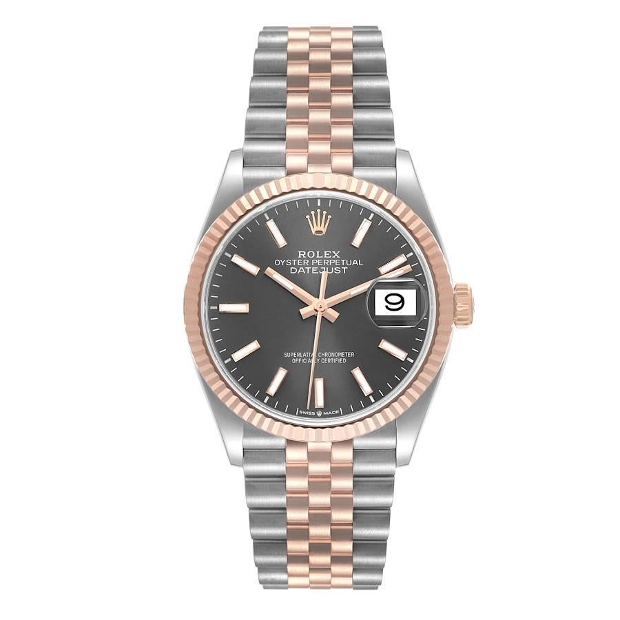 Rolex Datejust 36 Slate Dial Steel Rose Gold Mens Watch 126231 Box Card. Officially certified chronometer automatic self-winding movement. Stainless steel case 36.0 mm in diameter. High polished lugs. Rolex logo on an 18K rose gold crown. 18k rose