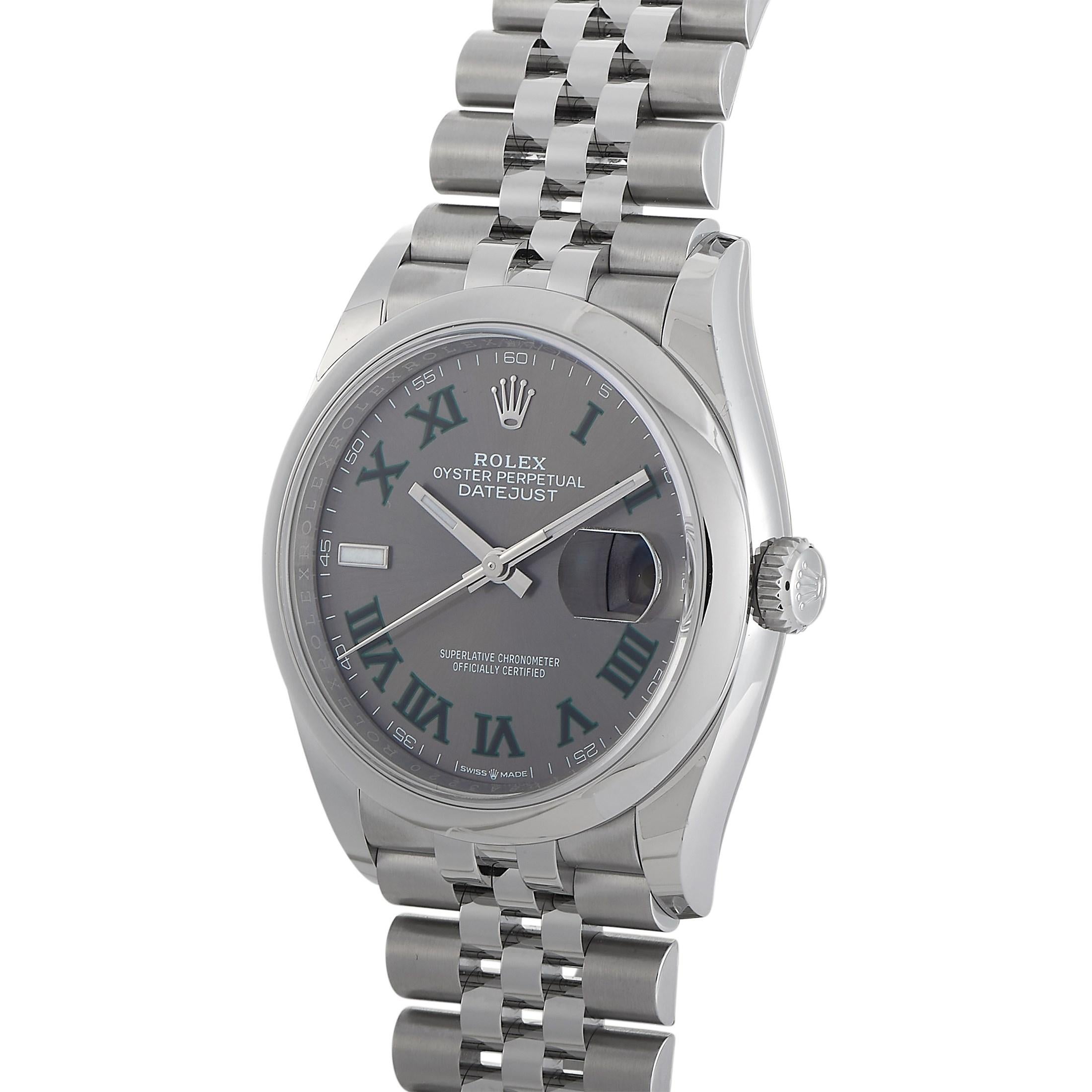 Featuring the classic 36 mm case size, the Rolex Datejust 36 Slate Jubilee Watch 126200-0017 will easily become a favorite sporty-casual dress watch. Although fitted with the smart and sharp-looking Jubilee bracelet, a more sober flat bezel balances