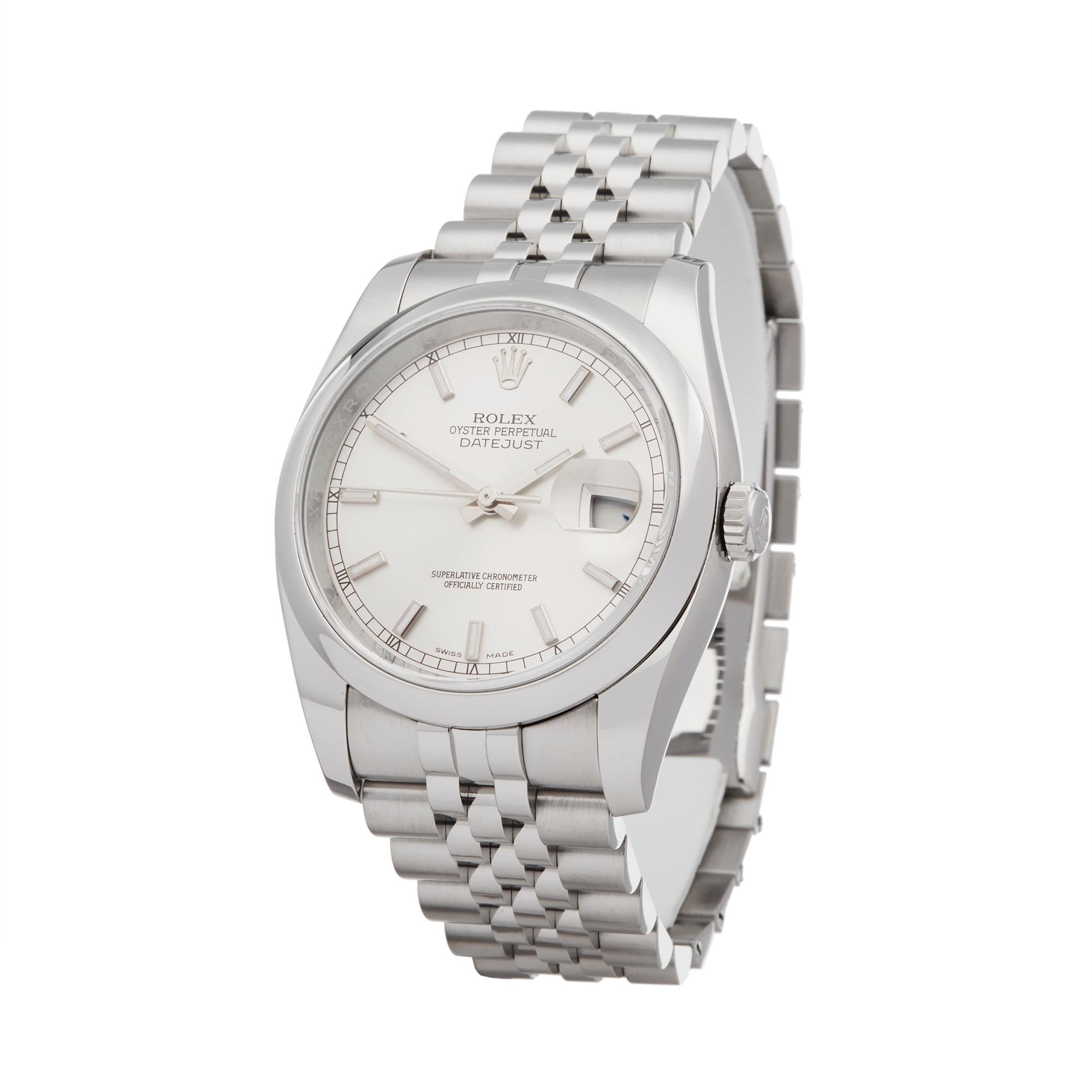 Ref: W6188
Manufacturer: Rolex
Model: DateJust
Model Ref: 116200
Age: 14th September 2015
Gender: Unisex
Complete With: Box, Manuals, Guarantee  & Booklet
Dial: Silver Baton
Glass: Sapphire Crystal
Movement: Automatic
Water Resistance: To