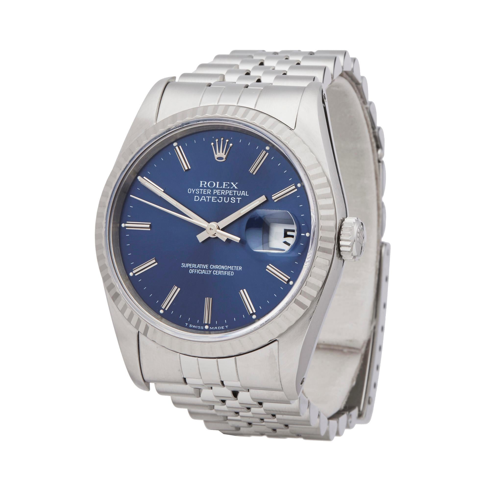 Reference: W5685
Manufacturer: Rolex
Model: Datejust
Model Reference: 16234
Age: 10th September 1994
Gender: Women's
Box and Papers: Box, Manuals and Guarantee
Dial: Blue Baton
Glass: Sapphire Crystal
Movement: Automatic
Water Resistance: To