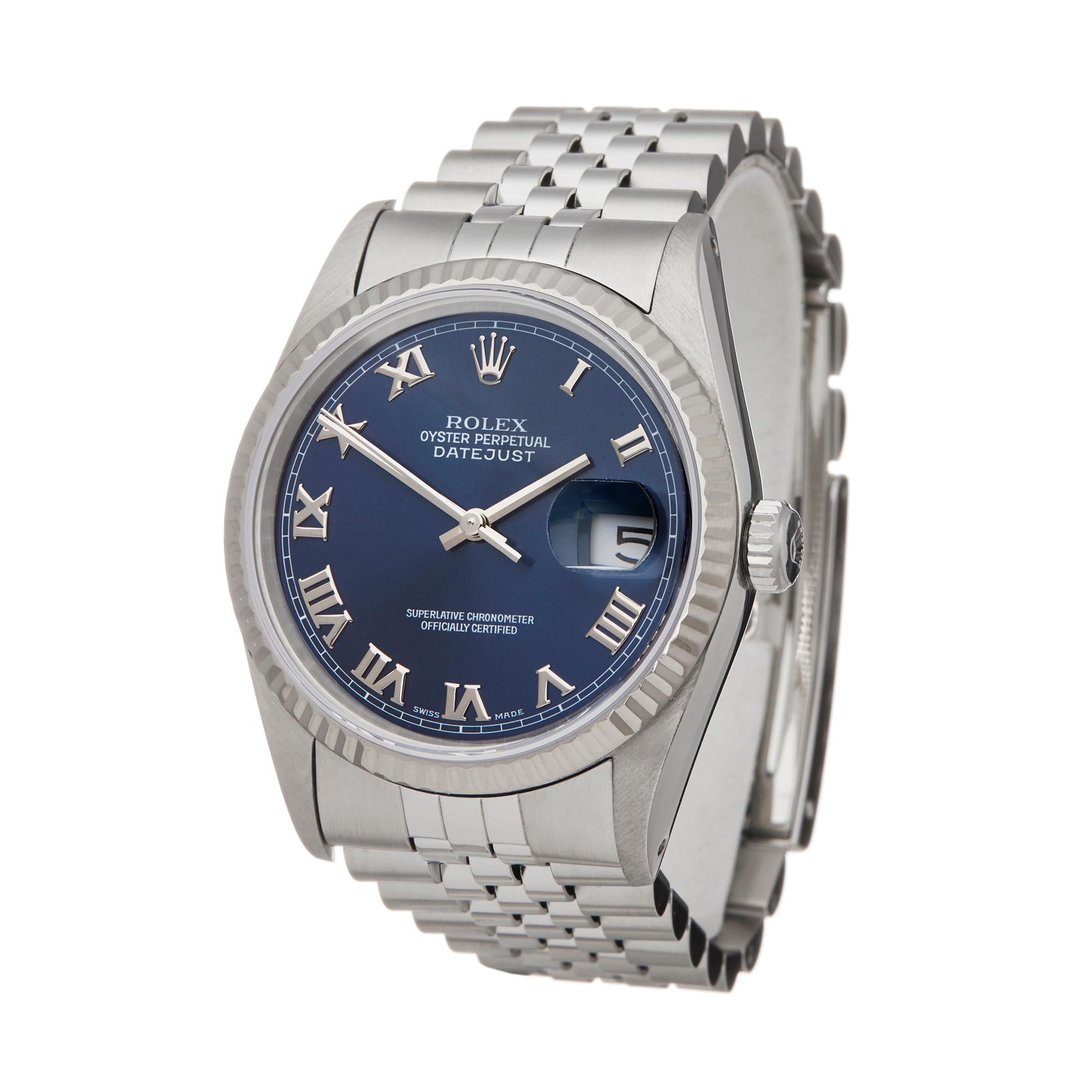 Ref: W5995
Manufacturer: Rolex
Model: Datejust
Model Ref: 16234
Age: Circa 1991
Gender: Mens
Complete With: Box & Guarantee Only 
Dial: Blue Roman
Glass: Sapphire Crystal
Movement: Automatic
Water Resistance: To Manufacturers Specifications
Case: