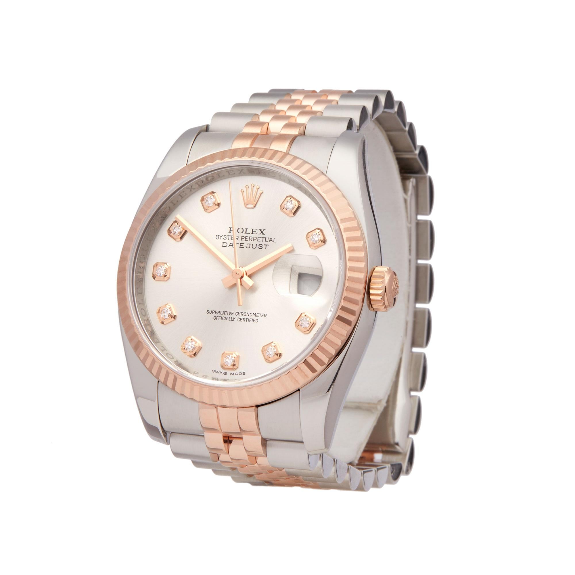 Reference: W5723
Manufacturer: Rolex
Model: Datejust
Model Reference: 116231
Age: 14th January 2008
Gender: Unisex
Box and Papers: Box and Guarantee
Dial: Silver Diamonds
Glass: Sapphire Crystal
Movement: Automatic
Water Resistance: To Manufacturers