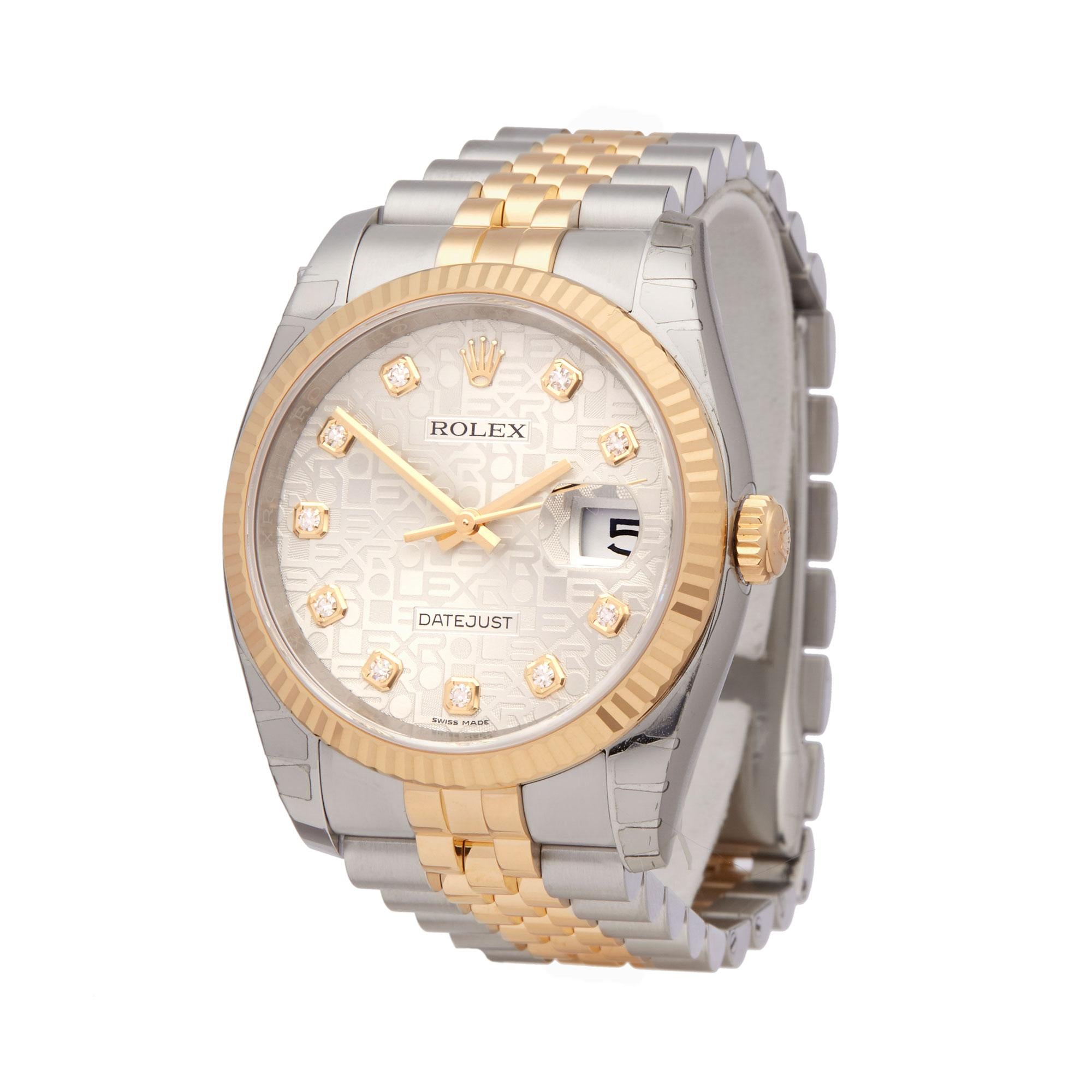 Reference: W5724
Manufacturer: Rolex
Model: Datejust
Model Reference: 116233
Age: 7th September 2016
Gender: Unisex
Box and Papers: Box and Guarantee
Dial: Silver Diamonds
Glass: Sapphire Crystal
Movement: Automatic
Water Resistance: To