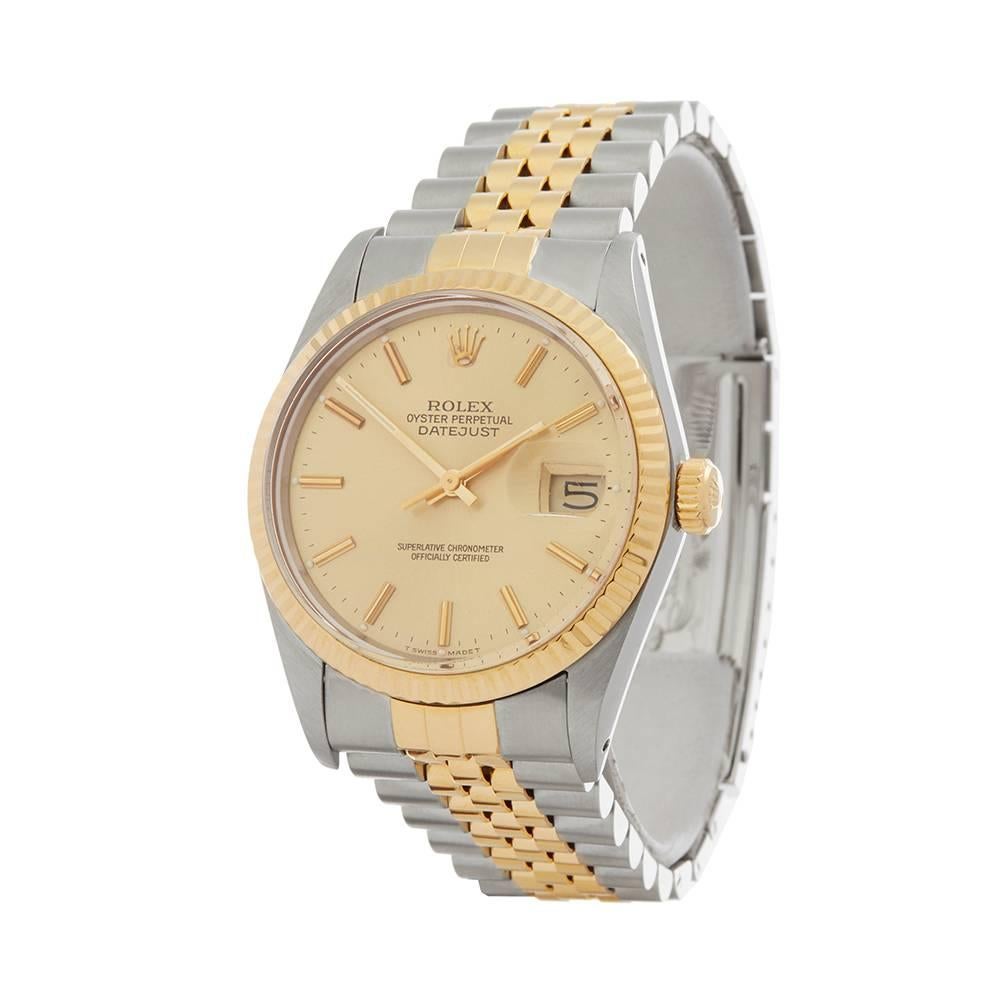 Ref: W5012
Manufacturer: Rolex
Model: Datejust
Model Ref: 16013
Age: Circa 1976
Gender: Mens
Complete With: Xupes Presentation Box & Guarantee 
Dial: Champagne Baton
Glass: Plexiglass
Movement: Automatic
Water Resistance: To Manufacturers
