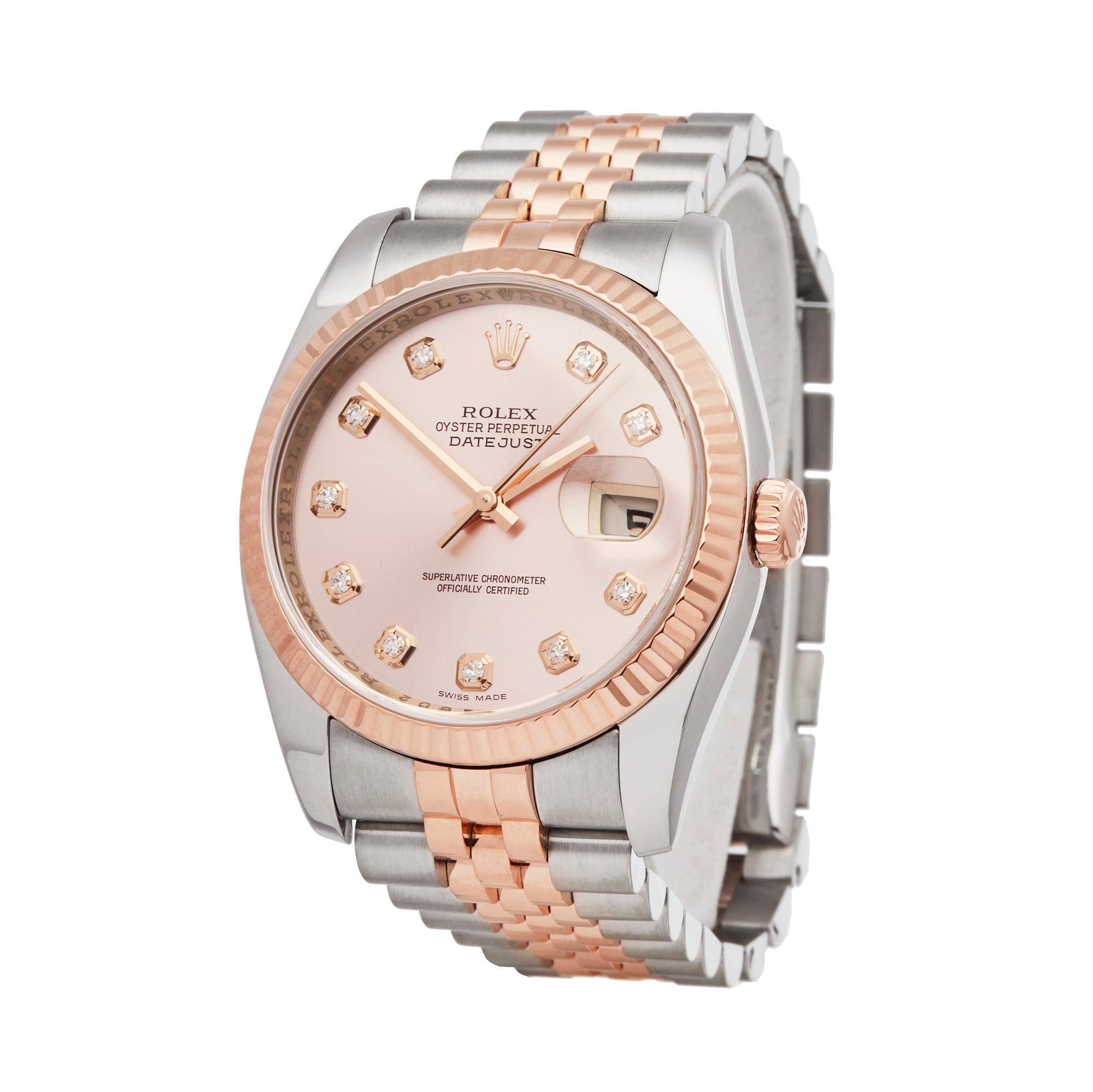 Reference: W5722
Manufacturer: Rolex
Model: Datejust
Model Reference: 116231
Age: 3rd October 2011
Gender: Unisex
Box and Papers: Box and Guarantee
Dial: Pink and Diamonds
Glass: Sapphire Crystal
Movement: Automatic
Water Resistance: To
