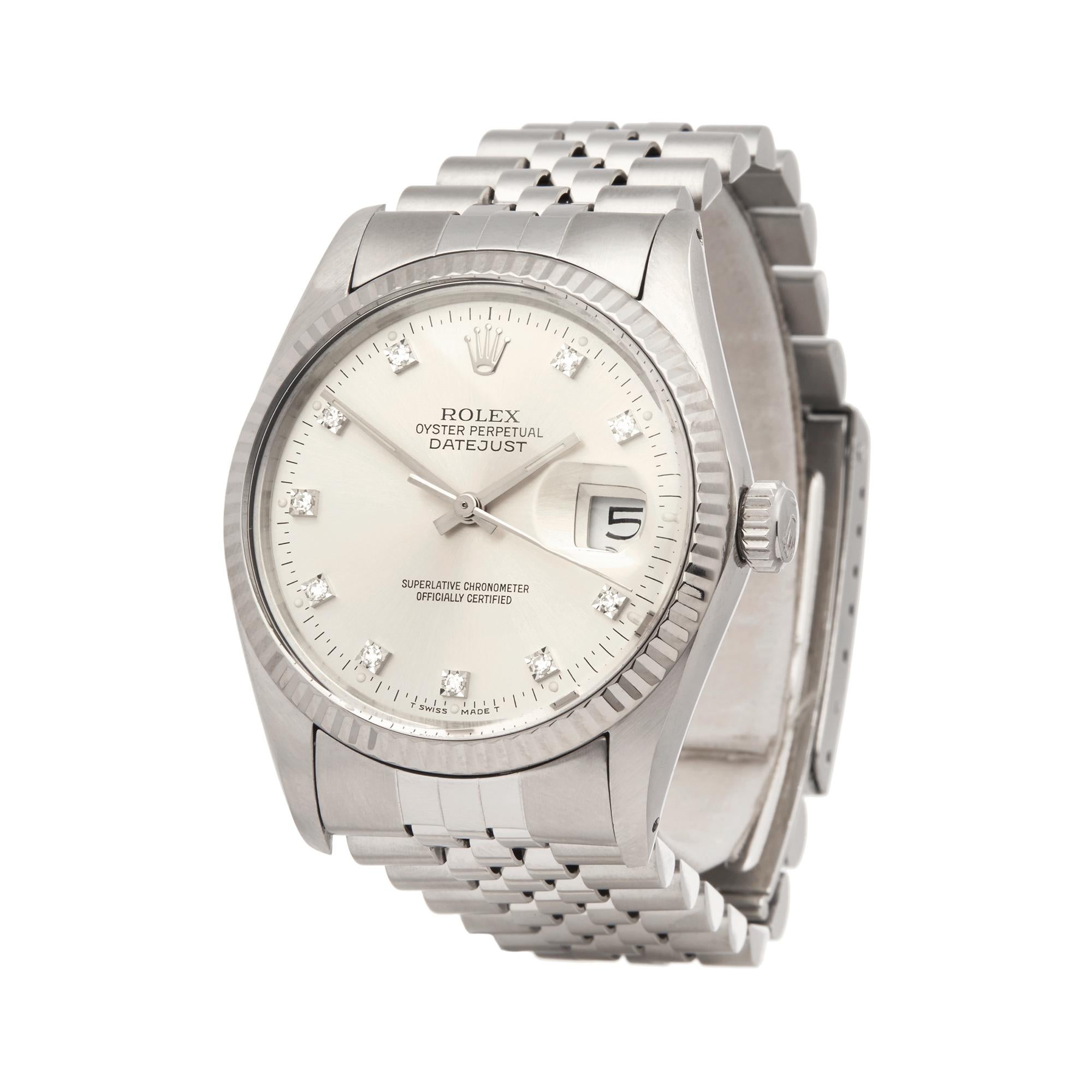 Reference: W5705
Manufacturer: Rolex
Model: Datejust
Model Reference: 16014
Age: Circa 1984
Gender: Men's
Box and Papers: Box Only
Dial: Silver Diamonds
Glass: Plexiglass
Movement: Automatic
Water Resistance: To Manufacturers Specifications
Case: