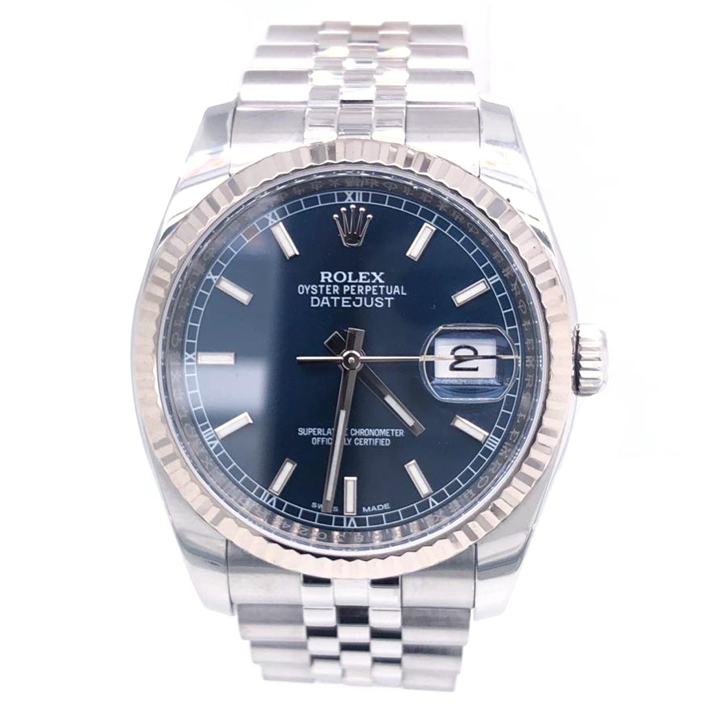 Rolex Datejust 36 White Gold/Steel Blue Index Dial & Fluted Bezel Jubilee Bracelet 116234

This classic 36mm Rolex Datejust model #116234 is perfect for everyday wear. It features a white gold fluted bezel, and is on a jubilee style bracelet with a