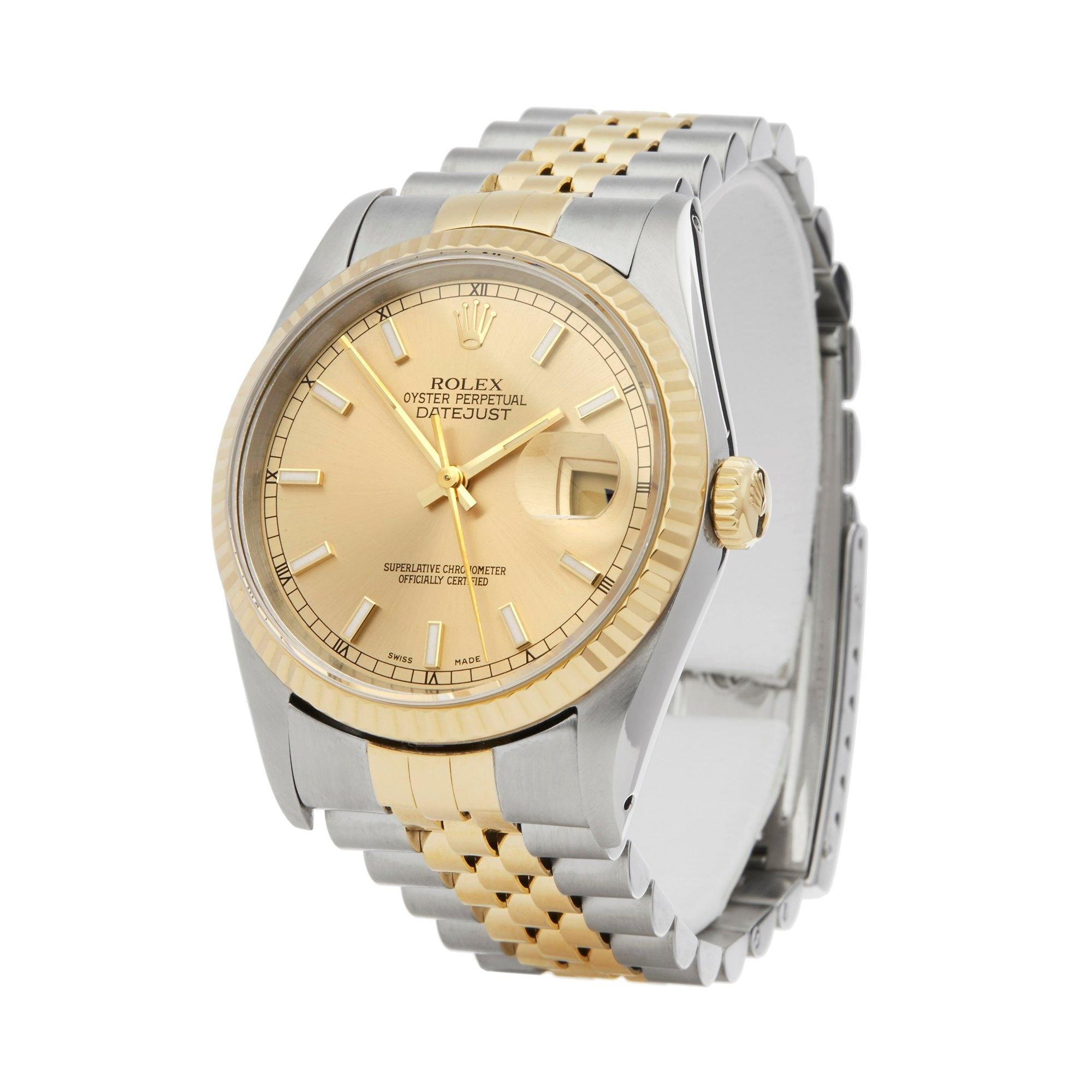 Ref: W6230
Manufacturer: Rolex
Model: Datejust
Model Ref: 16233
Age: 9th April 2001
Gender: Mens
Complete With: Box & Guarantee
Dial: Champagne With Diamond Markers
Glass: Sapphire Crystal
Movement: Automatic
Water Resistance: To Manufacturers