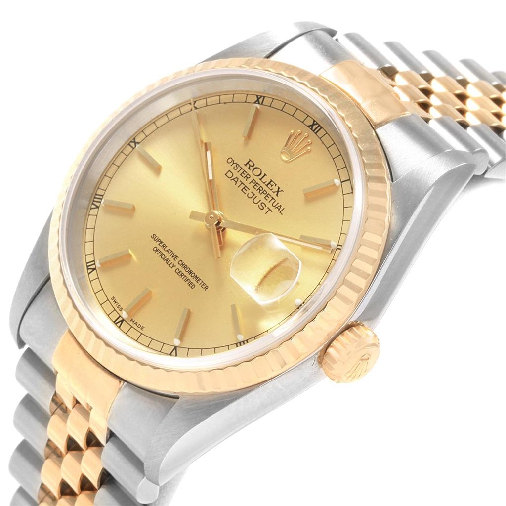 Rolex Datejust 36 Steel 18K Yellow Gold Mens Watch 16233. Officially certified chronometer automatic self-winding movement. Stainless steel case 36 mm in diameter. Rolex logo on a 18K yellow gold crown. 18k yellow gold fluted bezel. Scratch