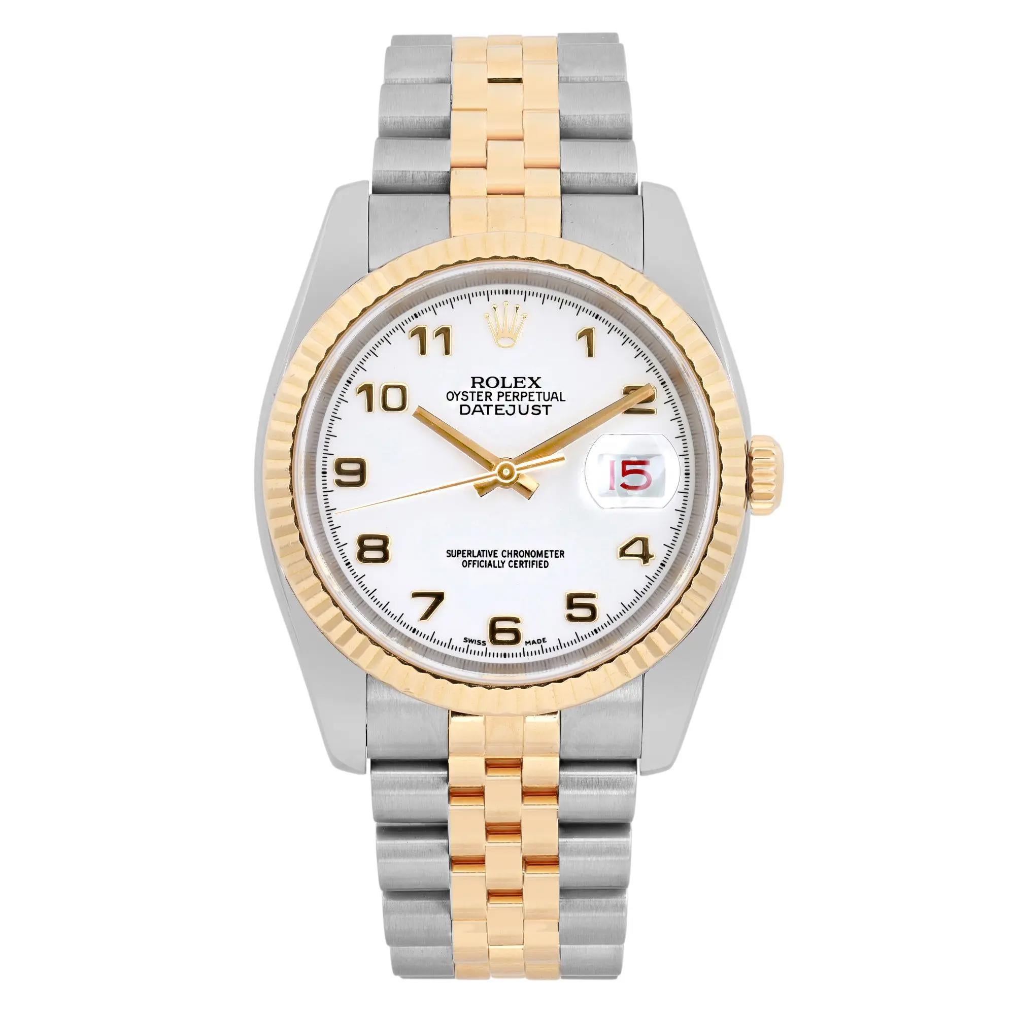 Rolex Datejust 36 Steel 18k Yellow Gold White Arabic Roulette Dial Watch 116233