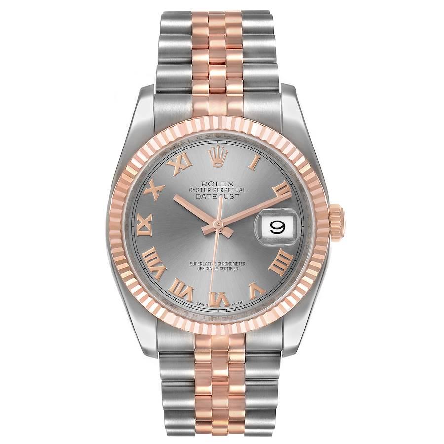 Rolex Datejust 36 Steel EveRose Gold Grey Dial Mens Watch 116231. Officially certified chronometer self-winding movement. Stainless steel case 36 mm in diameter. Rolex logo on a 18K rose gold crown. 18k rose gold fluted bezel. Scratch resistant