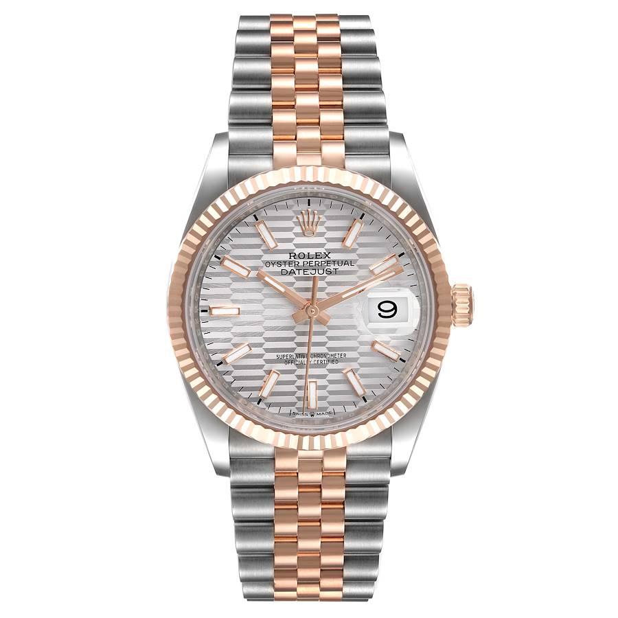 Rolex Datejust 36 Steel EveRose Gold Silver Fluted Dial Watch 126231 Unworn. Officially certified chronometer self-winding movement. Stainless steel case 36.0 mm in diameter. Rolex logo on a 18K rose gold crown. 18k rose gold fluted bezel. Scratch