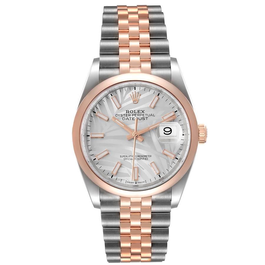 Rolex Datejust 36 Steel EveRose Gold Silver Palm Dial Mens Watch 126201 Unworn. Officially certified chronometer self-winding movement with quickset date. Stainless steel case 36 mm in diameter.  Rolex logo on a 18K rose gold crown. 18k rose gold