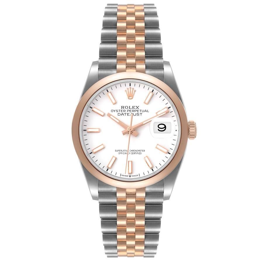 Rolex Datejust 36 Steel EveRose Gold Silver White Dial Watch 126201 Unworn. Officially certified chronometer self-winding movement with quickset date. Stainless steel case 36 mm in diameter.  Rolex logo on a 18K rose gold crown. 18k rose gold smooth