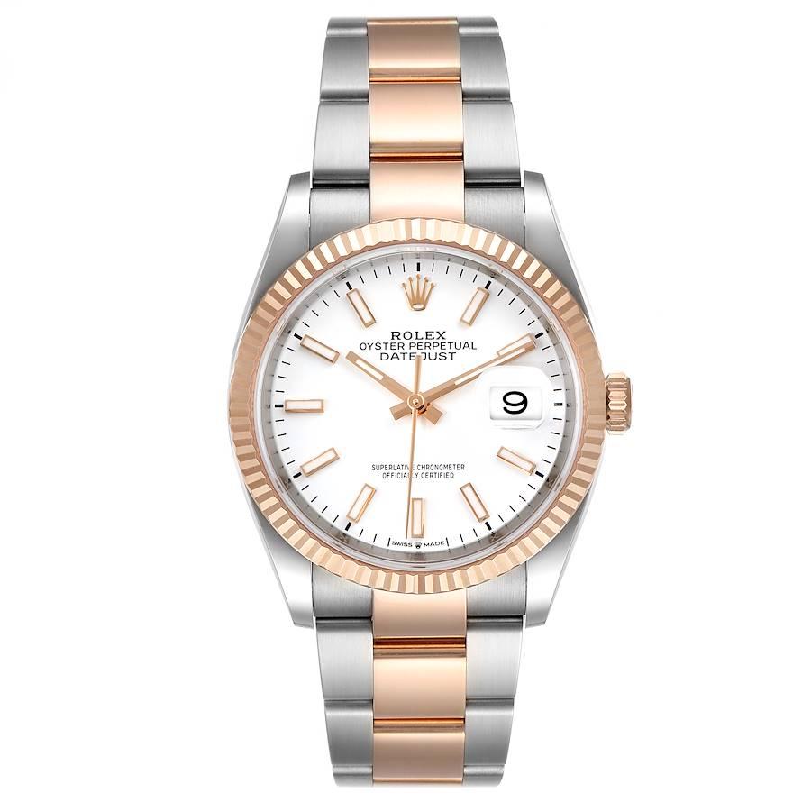 Rolex Datejust 36 Steel EveRose Gold White Dial Mens Watch 126231 Box Card. Officially certified chronometer self-winding movement. Stainless steel case 36.0 mm in diameter. Rolex logo on a 18K rose gold crown. 18k rose gold fluted bezel. Scratch