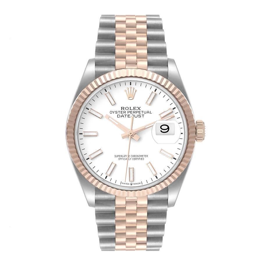 Rolex Datejust 36 Steel EveRose Gold White Dial Mens Watch 126231. Officially certified chronometer self-winding movement. Stainless steel case 36.0 mm in diameter. Rolex logo on a 18K rose gold crown. 18k rose gold fluted bezel. Scratch resistant