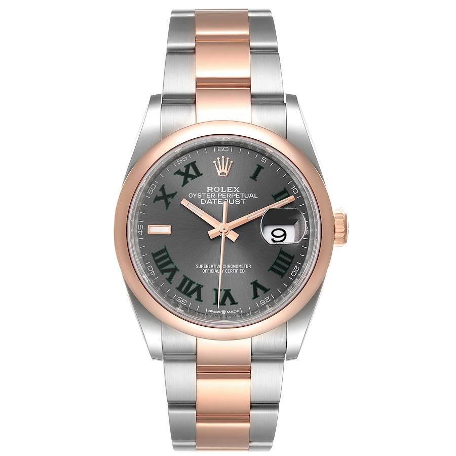 Rolex Datejust 36 Steel EveRose Gold Wimbledon Dial Mens Watch 126201 Unworn. Officially certified chronometer self-winding movement with quickset date. Stainless steel case 36 mm in diameter.  Rolex logo on a 18K rose gold crown. 18k rose gold