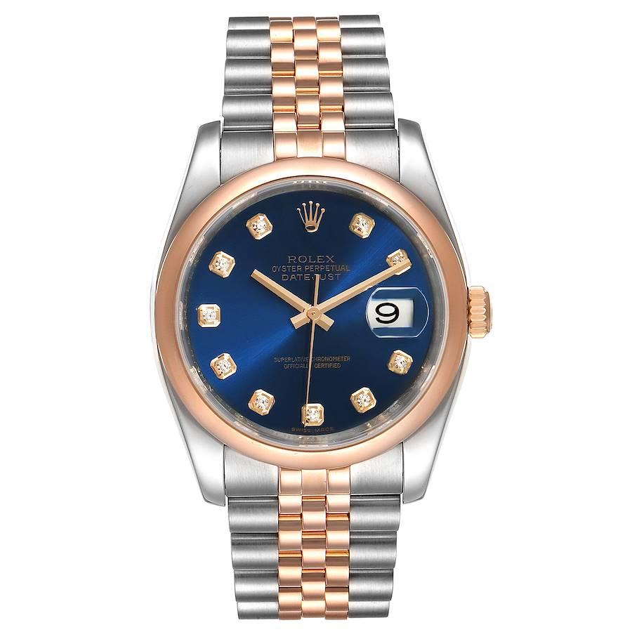 Rolex Datejust 36 Steel EverRose Gold Blue Diamond Dial Watch 116201. Officially certified chronometer self-winding movement with quickset date. Stainless steel case 36 mm in diameter. Rolex logo on a 18K rose gold crown. 18k rose gold smooth domed