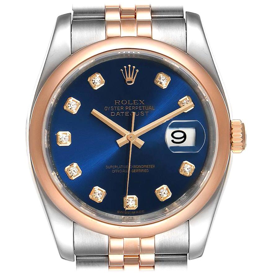 Rolex Datejust 36 Steel EverRose Gold Blue Diamond Dial Watch 116201 For Sale