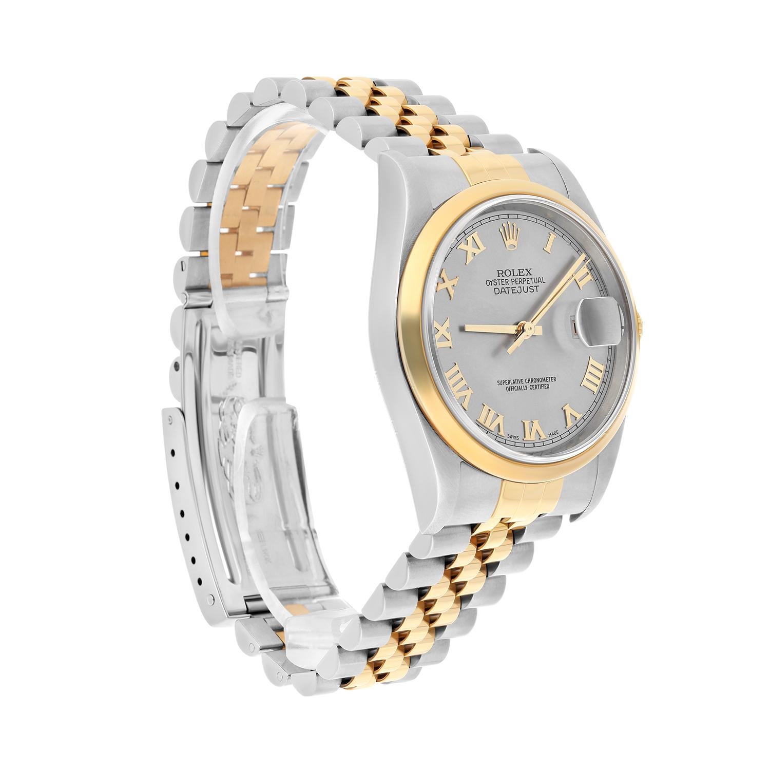 Rolex Datejust 36 Steel & Gold 16203 Silver Roman Jubilee Complete 2003 In Excellent Condition For Sale In New York, NY