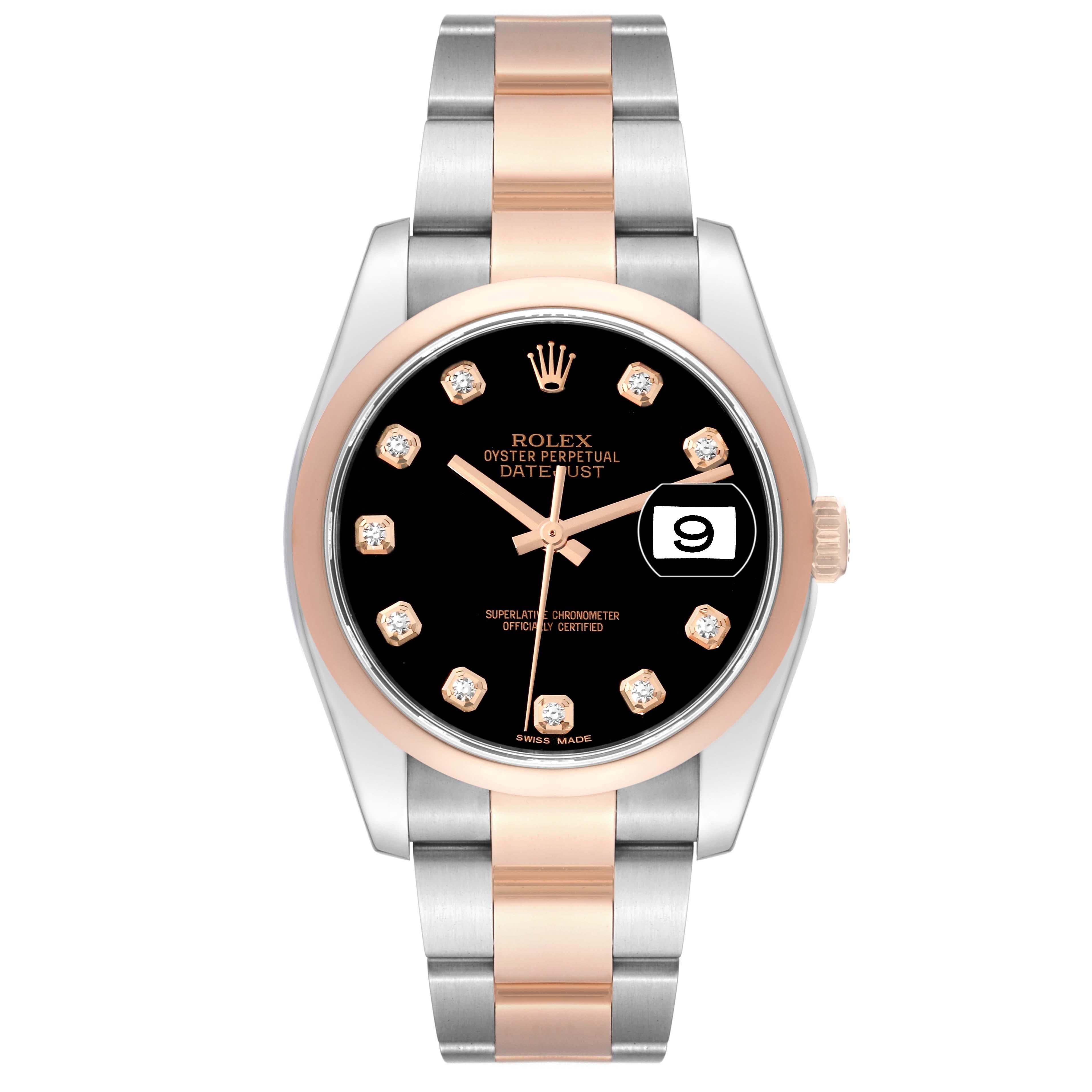 Rolex Datejust 36 Steel Rose Gold Black Diamond Dial Mens Watch 116201 en vente 7