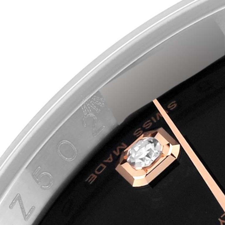 Rolex Datejust 36 Stahl Rose Gold Schwarzes Diamant-Zifferblatt Herrenuhr 116201. Offiziell zertifiziertes Chronometer-Automatikwerk mit Schnellverstellung des Datums. Gehäuse aus Edelstahl mit einem Durchmesser von 36 mm.  Rolex Logo auf einer