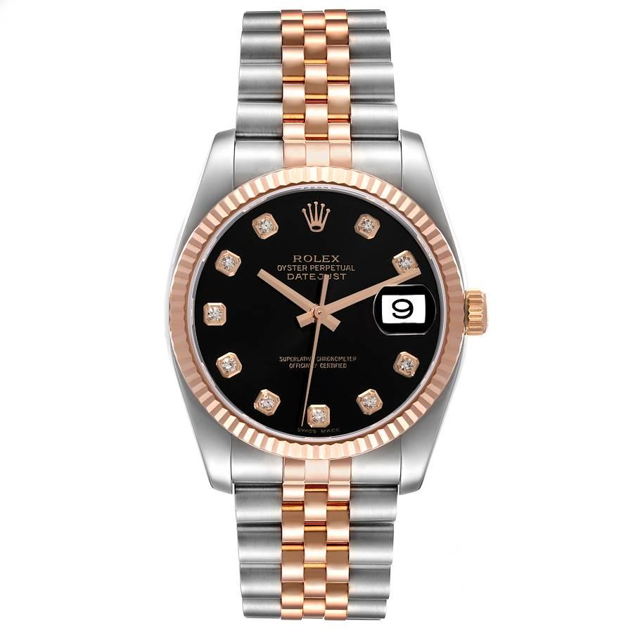 Rolex Datejust 36 Steel Rose Gold Black Diamond Dial Mens Watch 116231. Officially certified chronometer automatic self-winding movement. Stainless steel case 36 mm in diameter. Rolex logo on an 18K rose gold crown. 18k rose gold fluted bezel.
