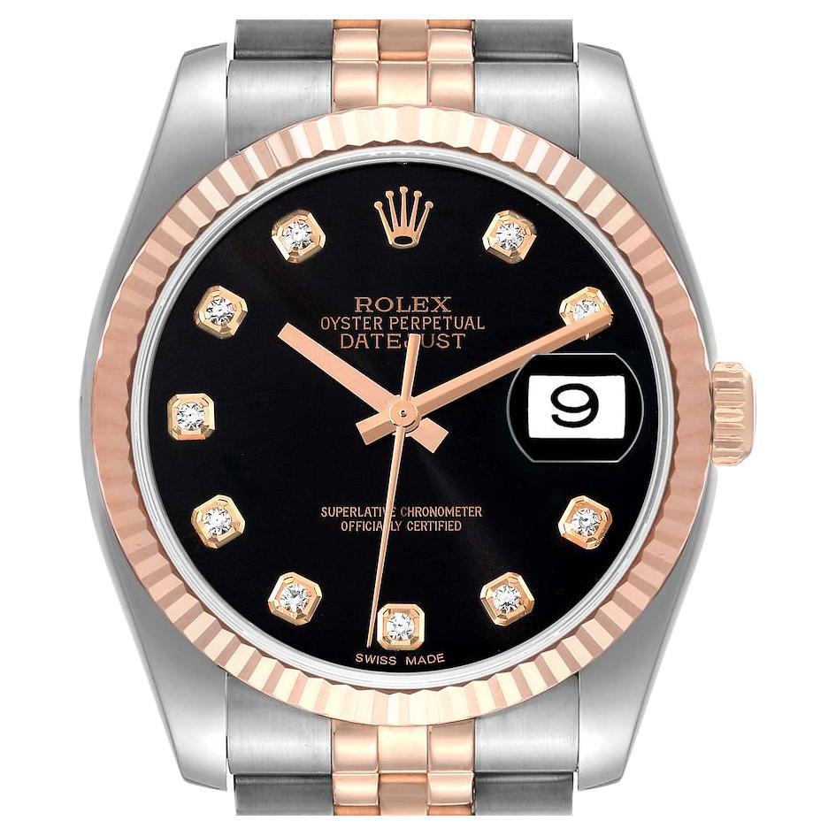 Rolex Datejust 36 Steel Rose Gold Black Diamond Dial Mens Watch 116231