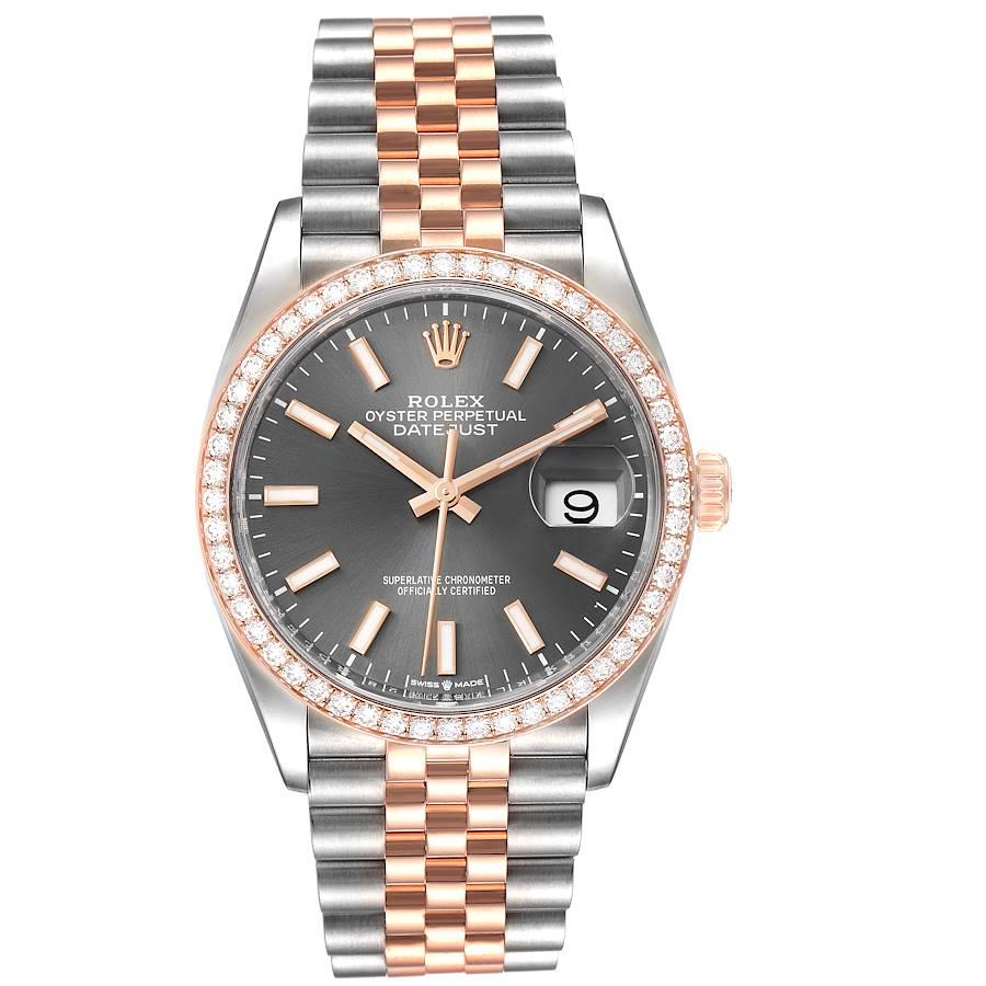 Rolex Datejust 36 Steel Rose Gold Diamond Unisex Watch 126281 Box Card. Officially certified chronometer self-winding movement. Stainless steel and Everose gold case 36mm in diameter. Rolex logo on a 18K rose gold crown. Original Rolex factory