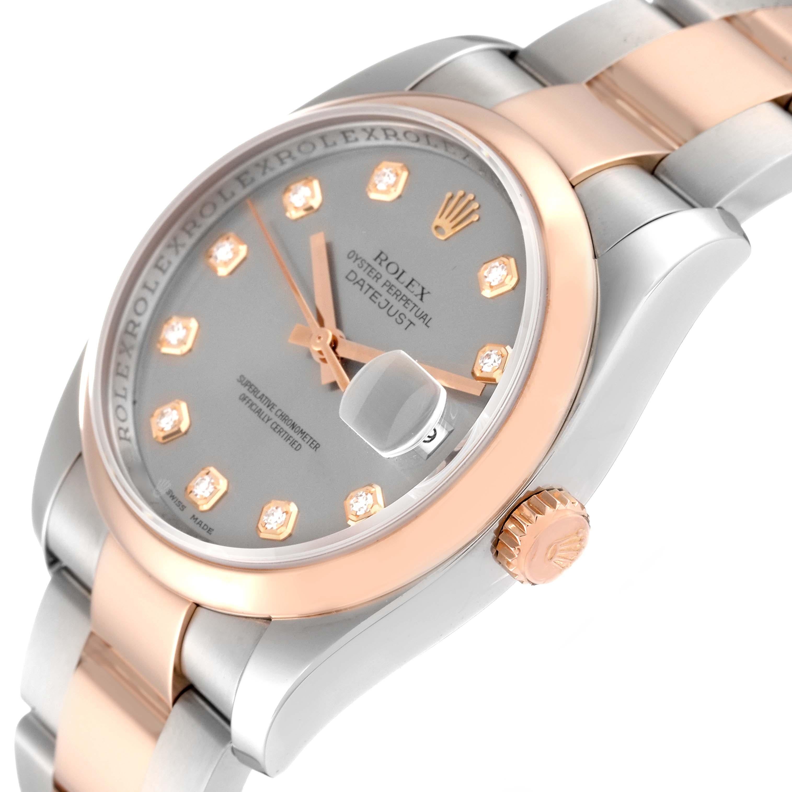 Rolex Datejust 36 Steel Rose Gold Silver Diamond Dial Mens Watch 116201 Box Card. Officially certified chronometer automatic self-winding movement with quickset date. Stainless steel case 36 mm in diameter.  Rolex logo on an 18k Everose gold crown.