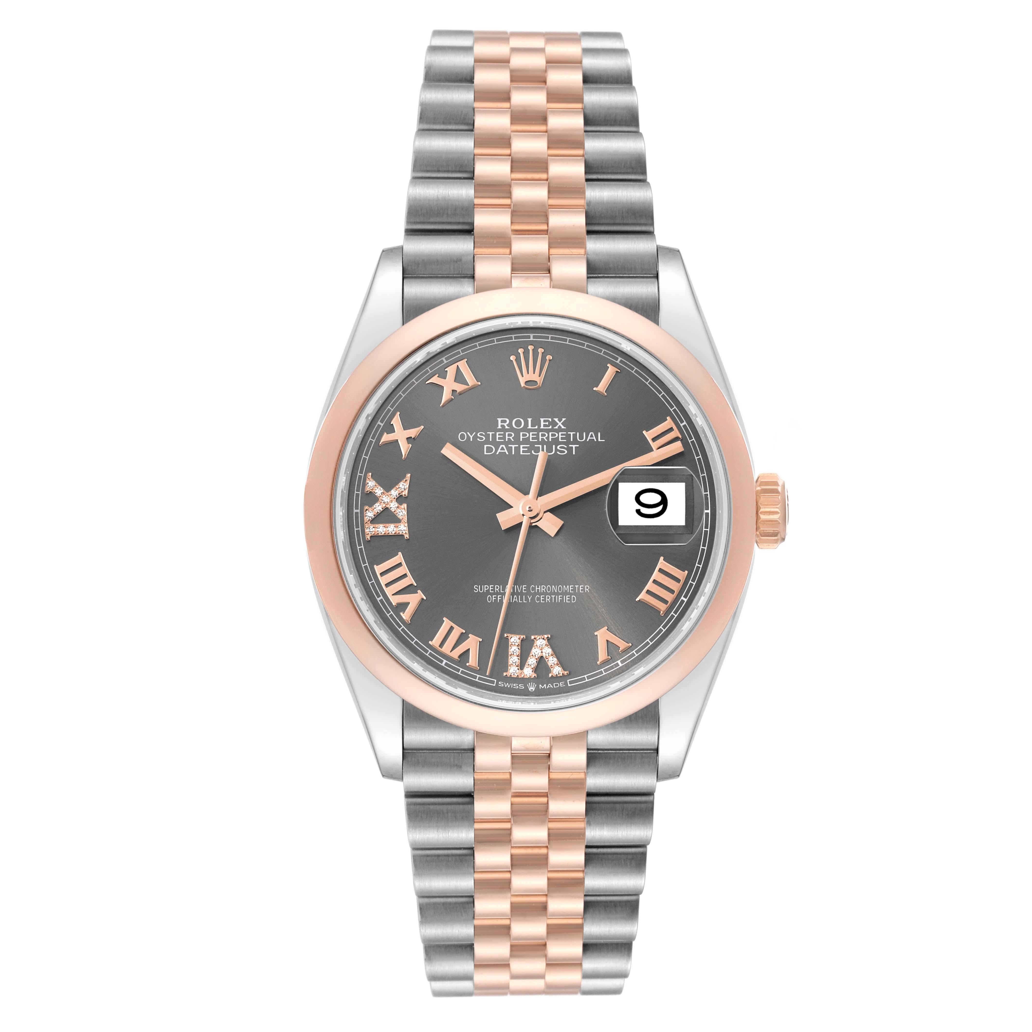 Rolex Datejust 36 Steel Rose Gold Slate Diamond Dial Mens Watch 126201 Box Card. Officially certified chronometer automatic self-winding movement with quickset date. Stainless steel case 36 mm in diameter.  Rolex logo on an 18K rose gold crown. 18k
