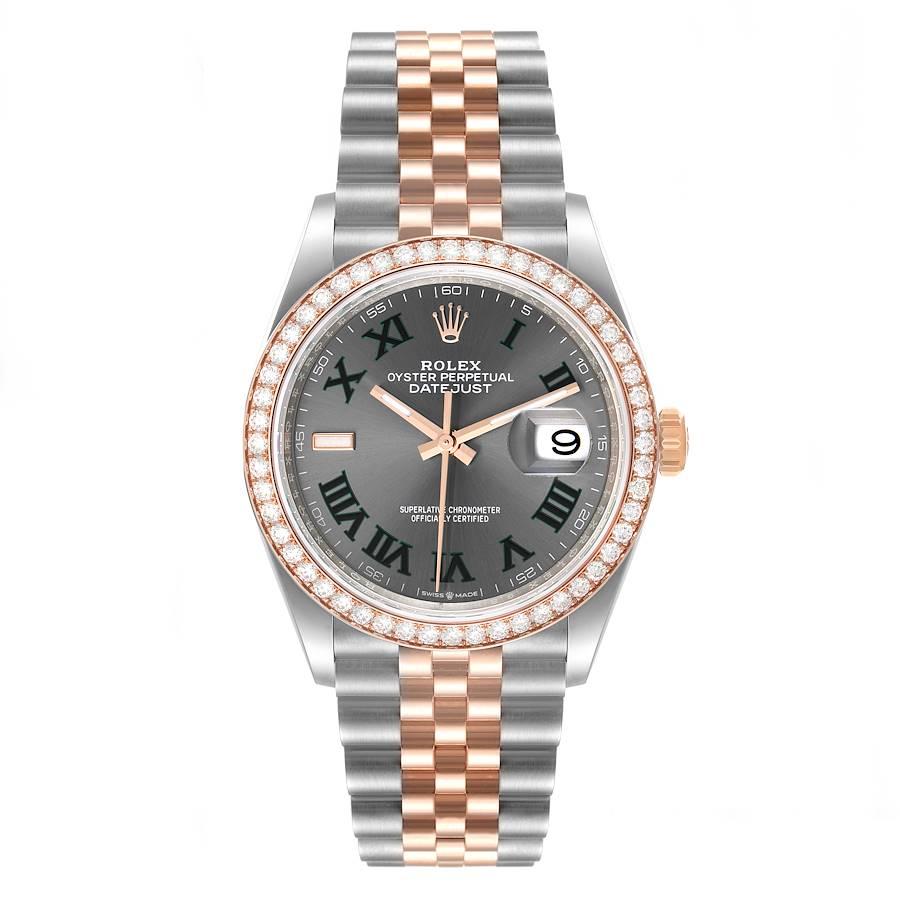 Rolex Datejust 36 Steel Rose Gold Wimbledon Dial Diamond Watch 126281 Unworn. Officially certified chronometer self-winding movement. Stainless steel and Everose gold case 36mm in diameter. Rolex logo on a 18K rose gold crown. Original Rolex factory