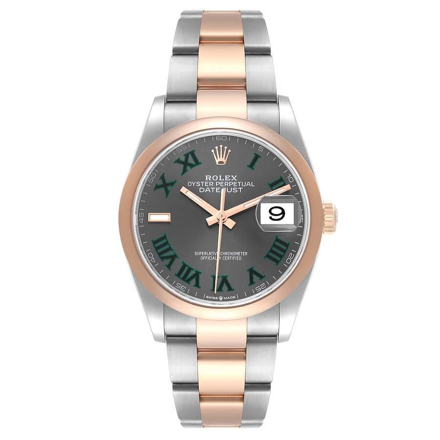 Rolex Datejust 36 Steel Rose Gold Wimbledon Dial Mens Watch 126201 Box Card. Officially certified chronometer automatic self-winding movement with quickset date. Stainless steel case 36 mm in diameter.  Rolex logo on an 18K rose gold crown. 18k rose