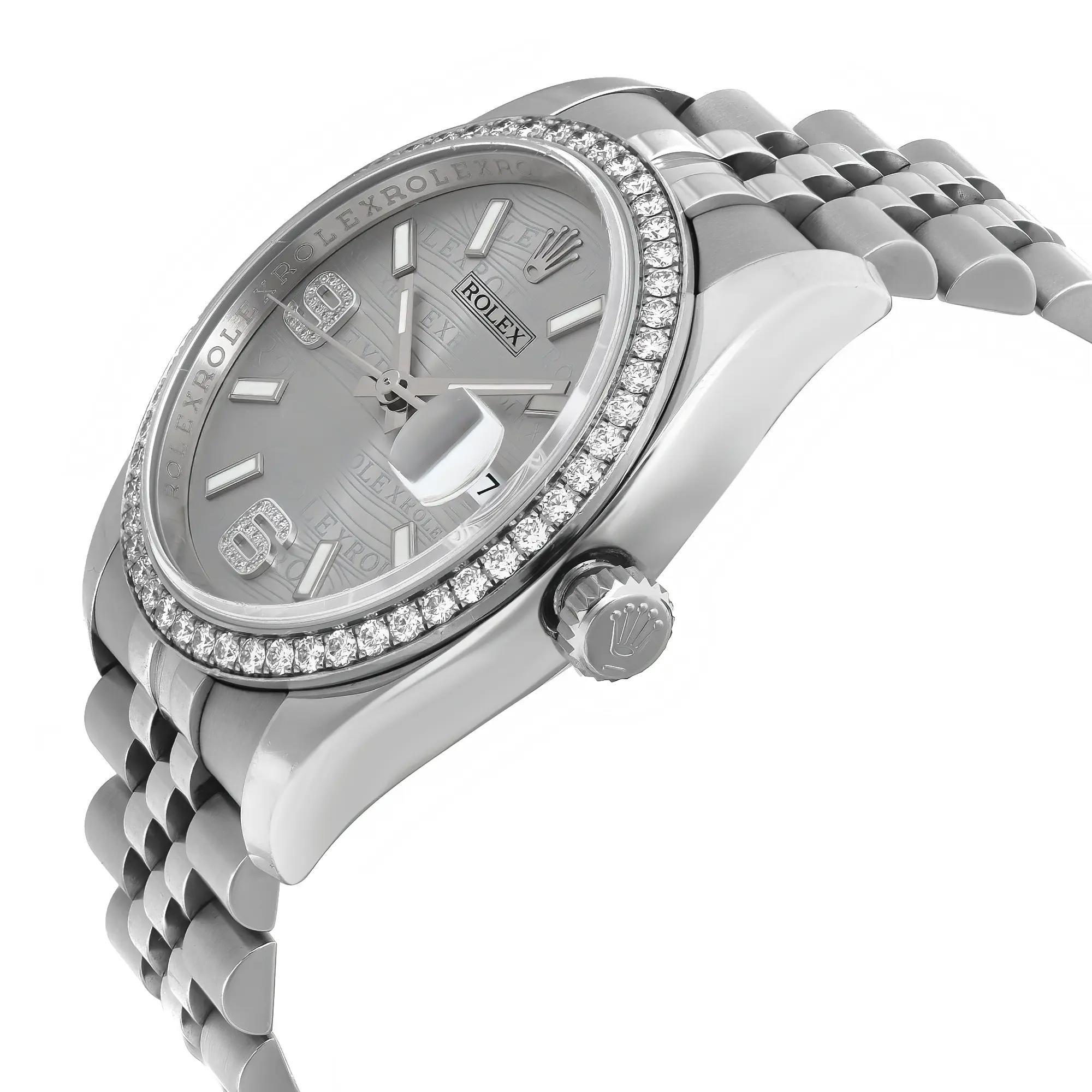Rolex Montre Datejust 36 en acier, argent, rhodium, cadran diamanté pour femmes 116244 Bon état - En vente à New York, NY