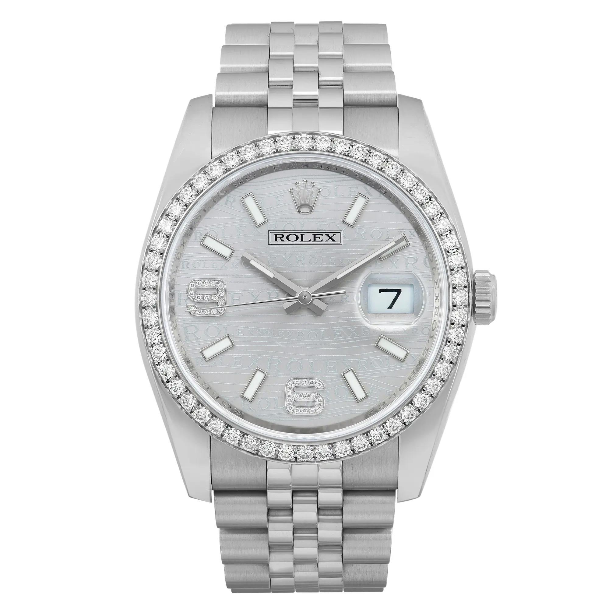 Rolex Datejust 36 Steel Silver Rhodium Waves Diamond Dial Ladies Watch 116244 For Sale