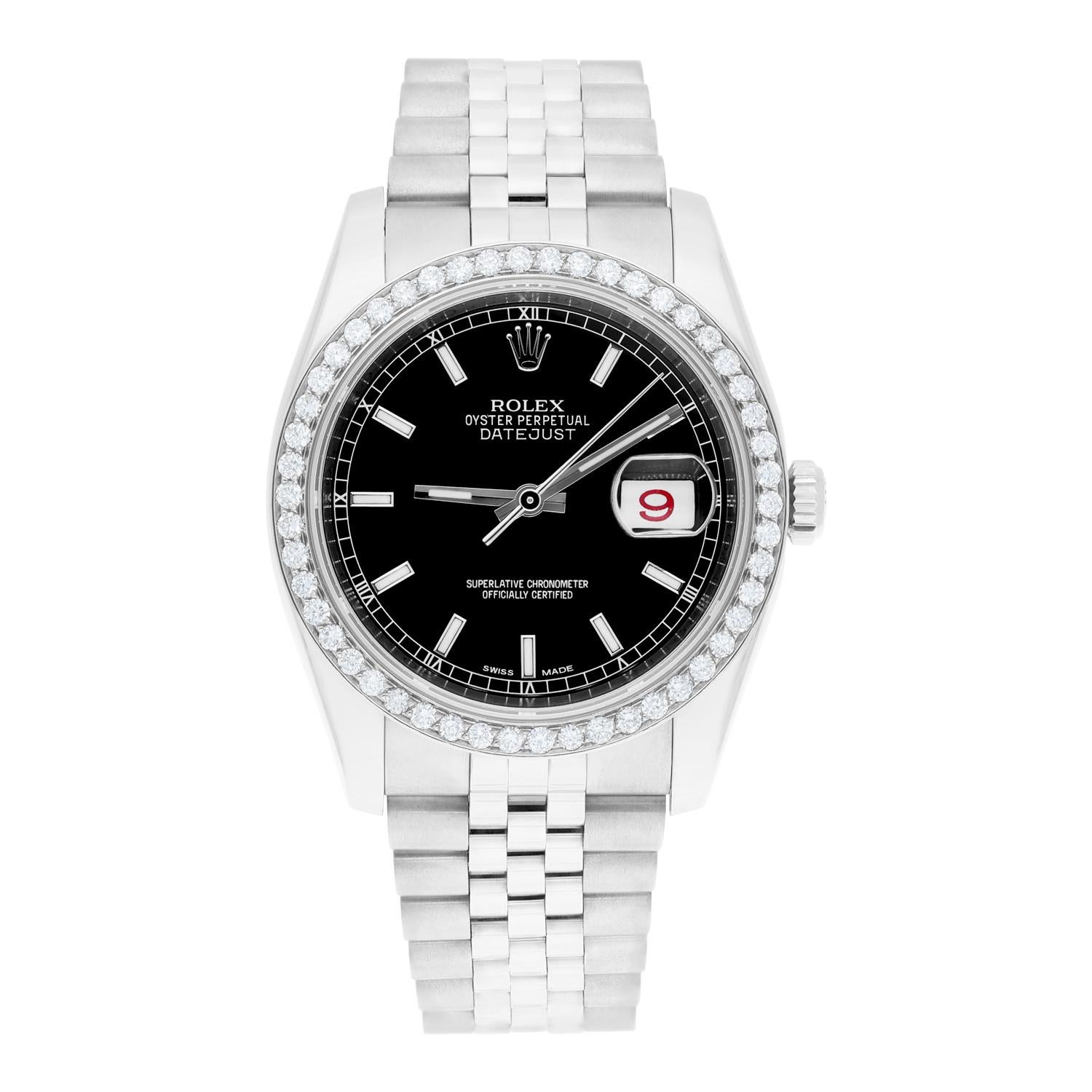 Brand: Rolex
Series: Datejust 
Model: 116234
Case Diameter: 36 mm
Bracelet: Jubilee band; stainless steel
Bezel: Custom Diamond Set
Dial: Black Index
Carat Weight: 1.32 carats in total diamond weight
The sale includes a Rolex box and an appraisal