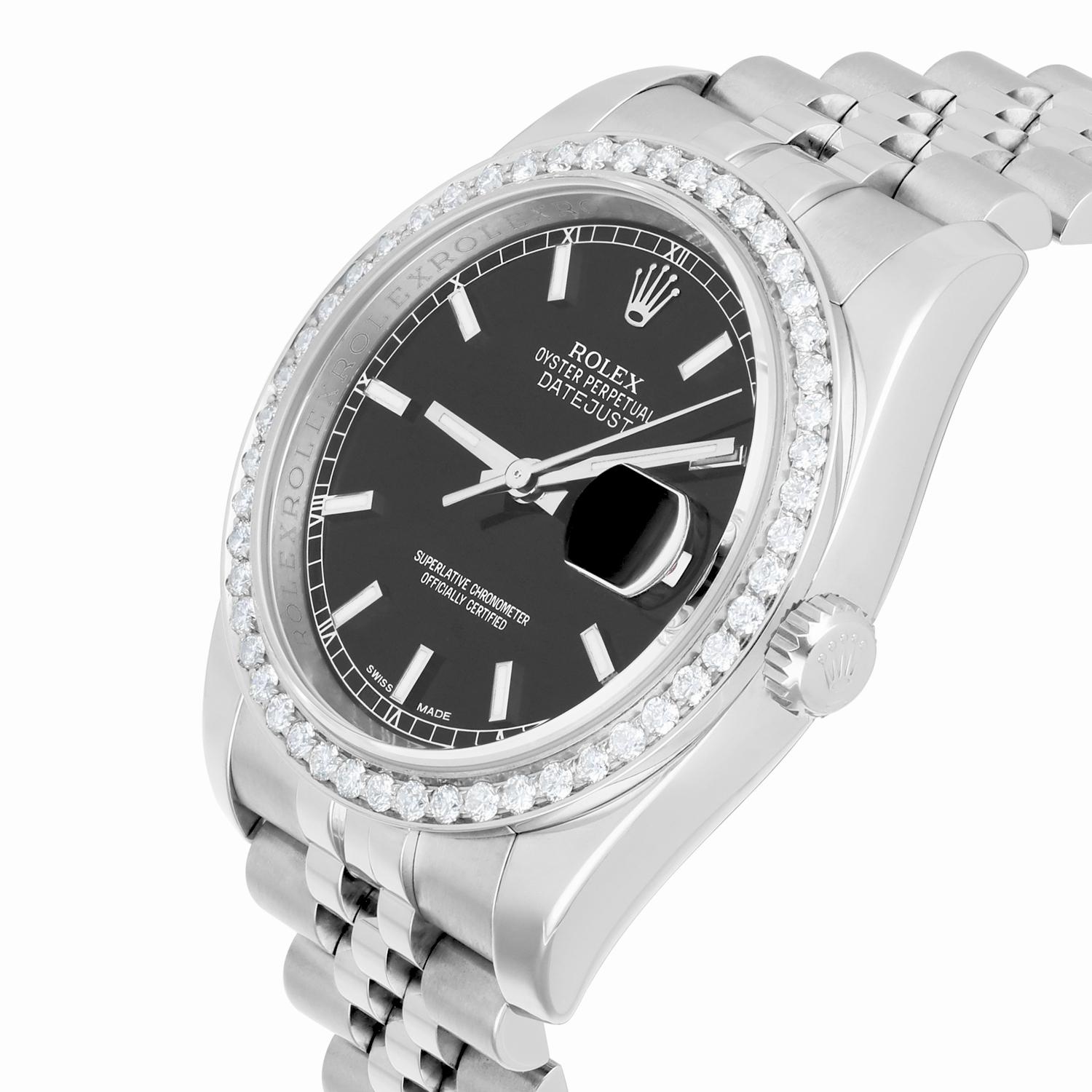 Rolex Datejust 36 Stahluhr Diamant Lünette Schwarz Index Zifferblatt Jubiläumsband 116234 im Zustand „Hervorragend“ im Angebot in New York, NY