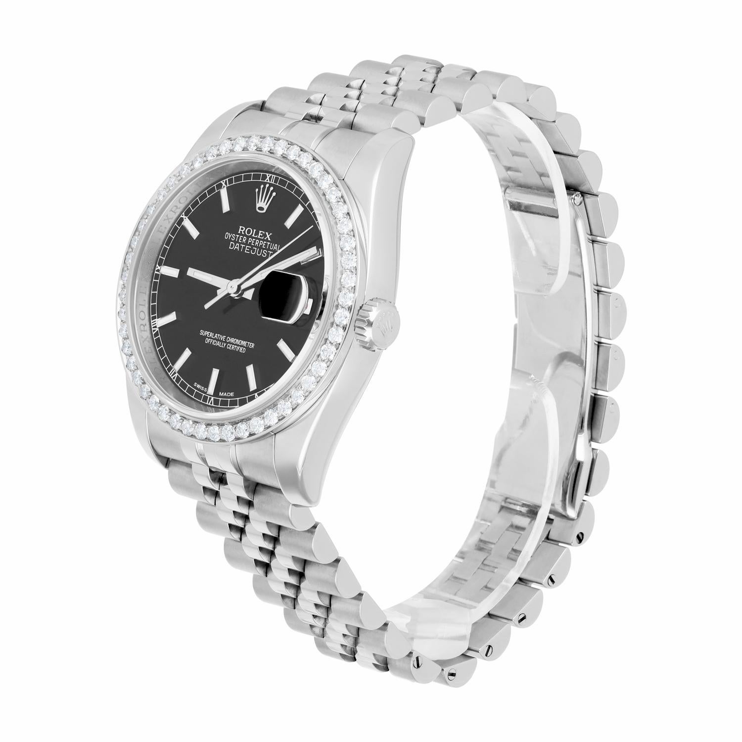Women's or Men's Rolex Datejust 36 Steel Watch Diamond Bezel Black Index Dial Jubilee Band 116234 For Sale