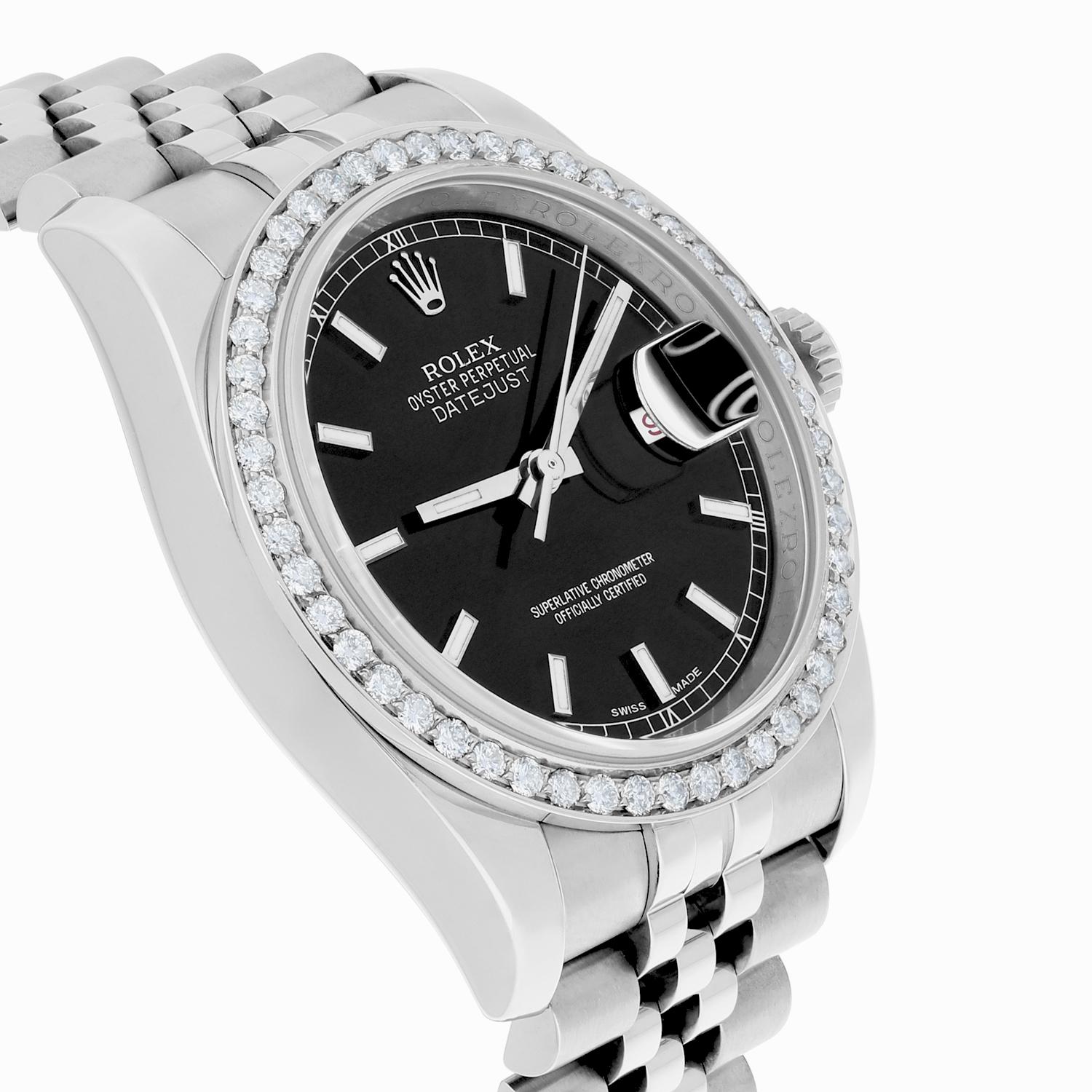 Women's or Men's Rolex Datejust 36 Steel Watch Diamond Bezel Black Index Dial Jubilee Band 116234 For Sale
