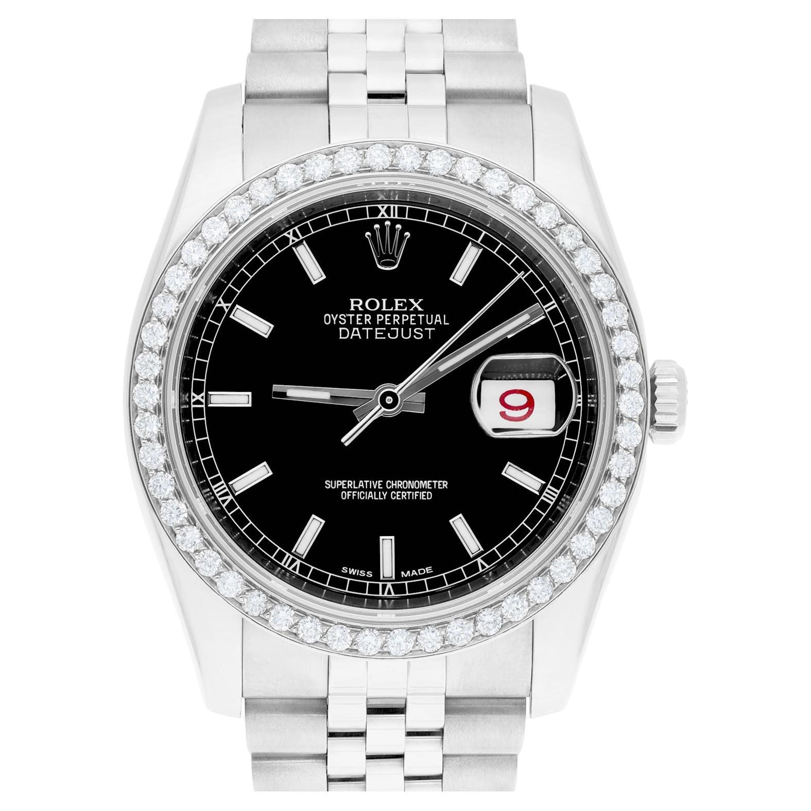 Rolex Datejust 36 Steel Watch Diamond Bezel Black Index Dial Jubilee Band 116234