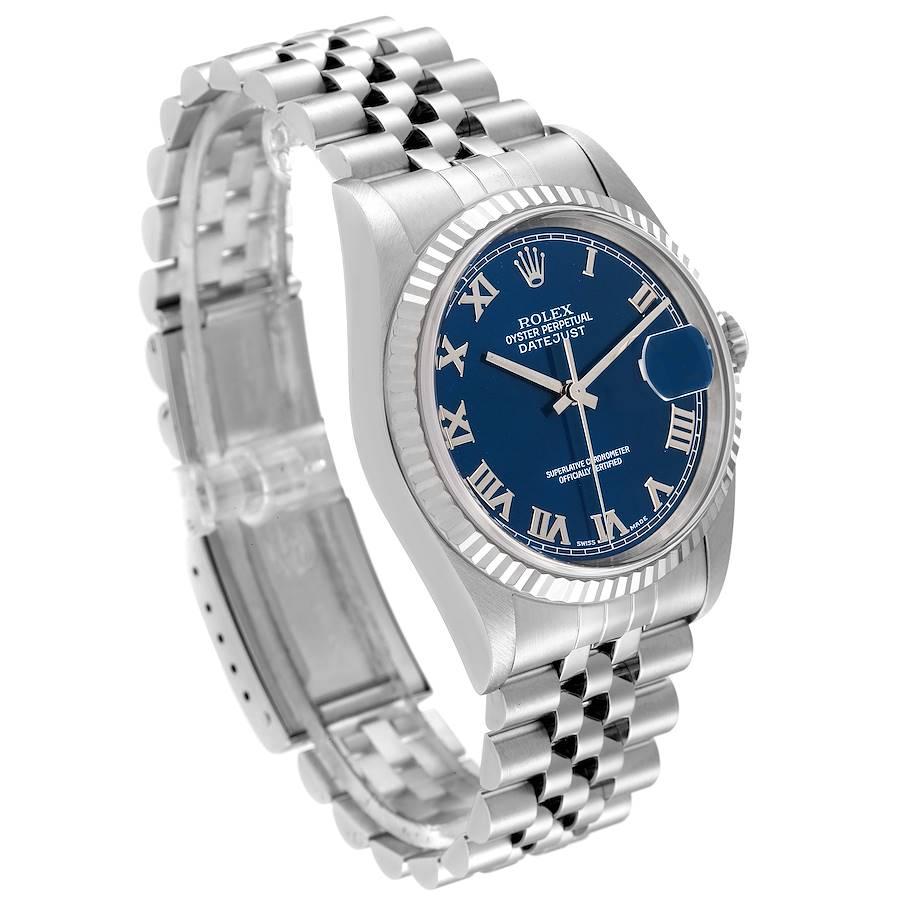 Rolex Datejust 36 Steel White Gold Blue Dial Mens Watch 16234 Box Papers Excellent état à Atlanta, GA