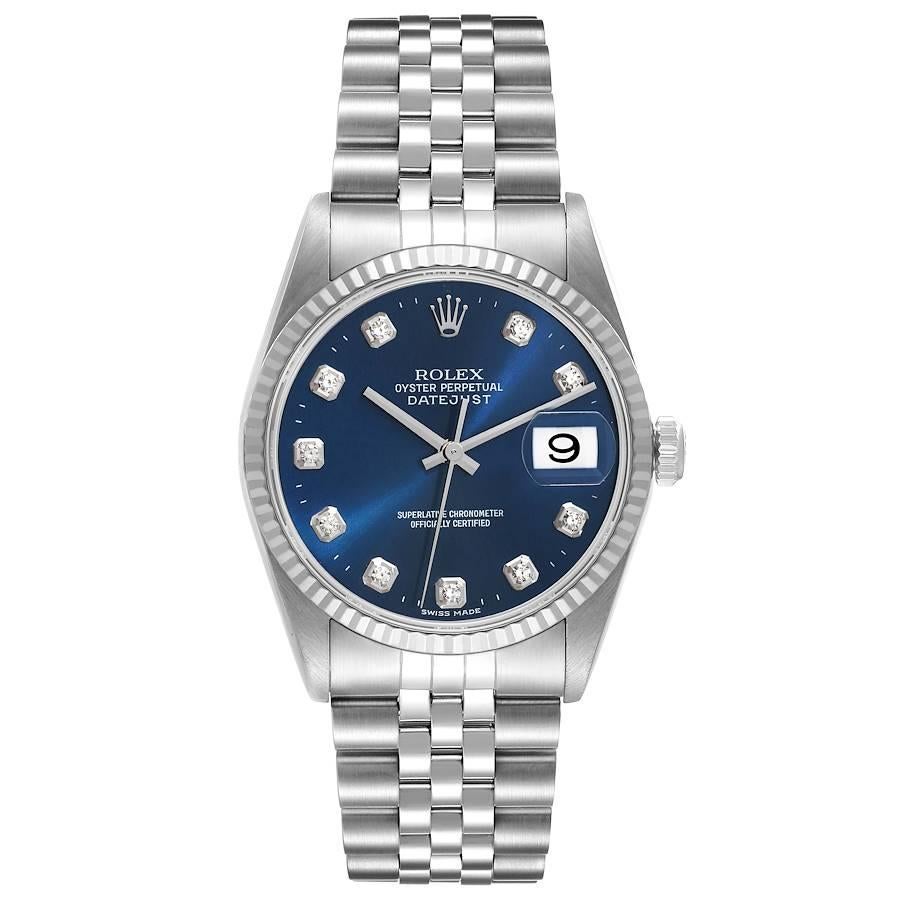 Rolex Datejust 36 Stahl Weißgold Blau Diamant Zifferblatt Herrenuhr 16234. Offiziell zertifiziertes Chronometerwerk mit automatischem Aufzug. Austerngehäuse aus Edelstahl mit einem Durchmesser von 36 mm. Rolex Logo auf der Krone. Geriffelte Lünette