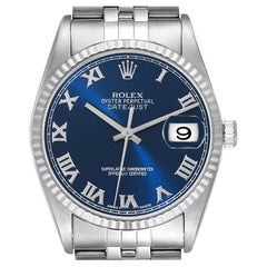 Rolex Datejust 36 Steel White Gold Blue Roman Dial Mens Watch 16234 Box Papers