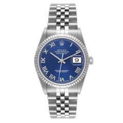 Rolex Datejust Steel White Gold Fluted Bezel Blue Roman Dial Mens Watch 16234