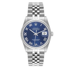 Rolex Datejust 36 Steel White Gold Fluted Bezel Blue Roman Dial Mens Watch 16234