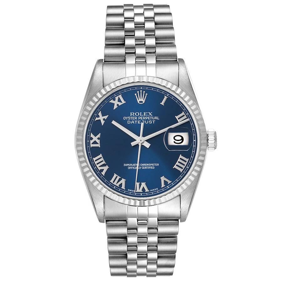 Rolex Datejust 36 Steel White Gold Fluted Bezel Blue Roman Dial Mens Watch 16234. Mens. Stainless steel oyster case 36 mm in diameter. Rolex logo on the crown. 18k white gold fluted bezel. Scratch resistant sapphire crystal with cyclops magnifier.
