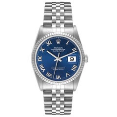Rolex Datejust Steel White Gold Fluted Bezel Blue Roman Dial Mens Watch 16234